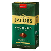 A 250g pack of Jacobs Kronung Ground Coffee, with green and gold colors and a coffee bean image, highlights 100% Arabica.